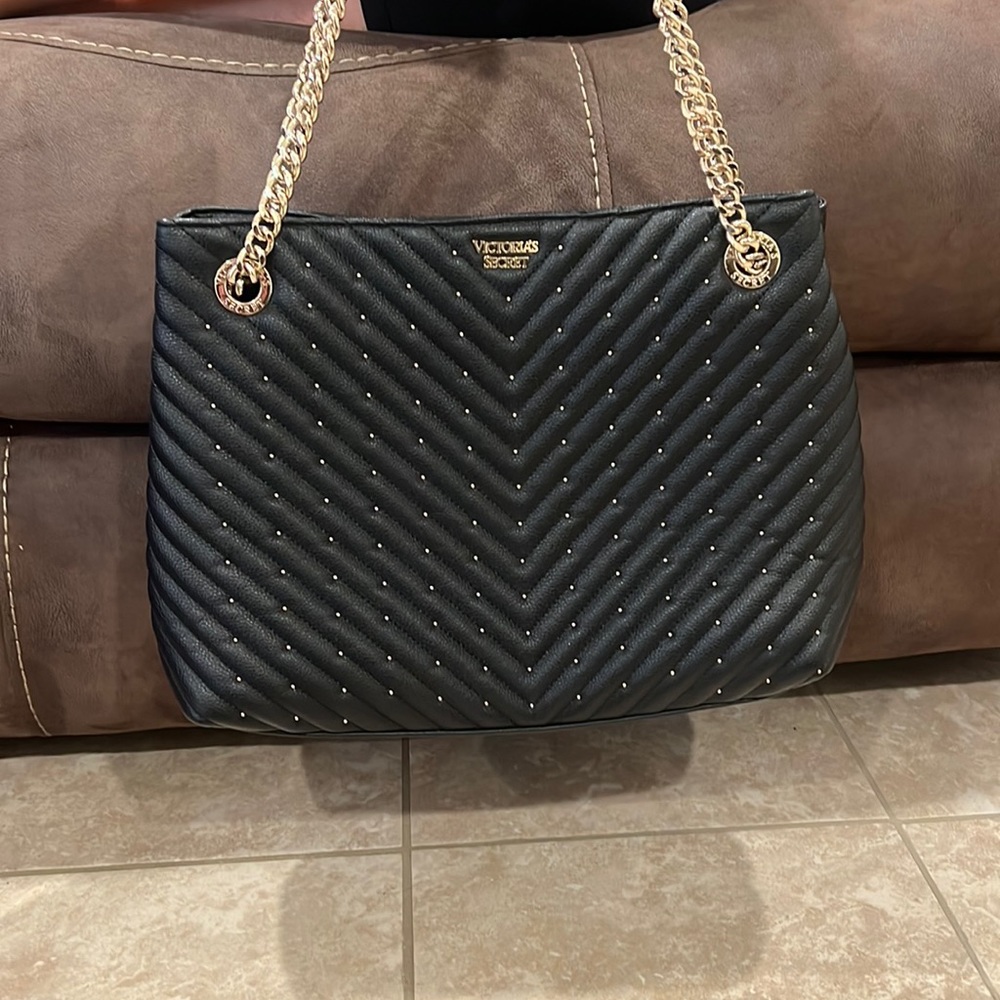 Victoria's Secret Black Quilted Shoulder Bag with Gold Chain